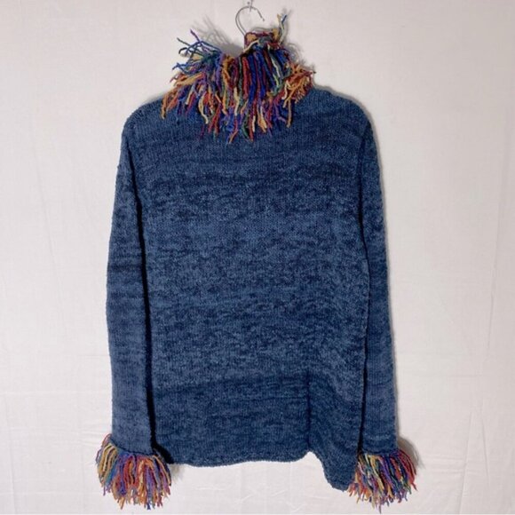 Vintage World Folk Art Imports Blue Wool Knit Sweater With Rainbow Fringe Trim M - Picture 2 of 15